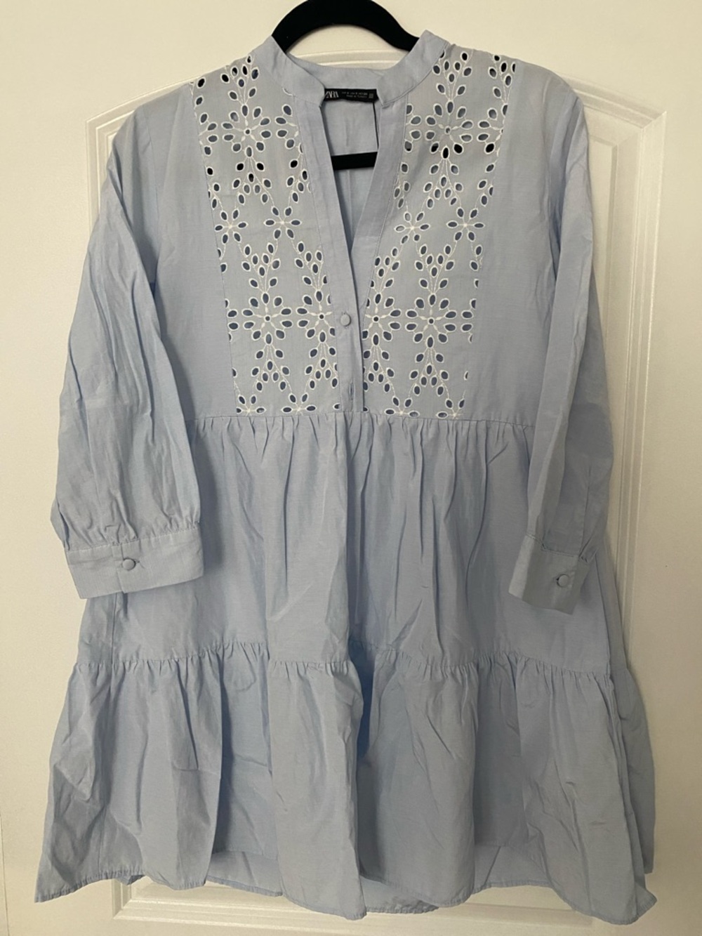 Zara Blue Eyelet Embroidered Button Front Dress size S